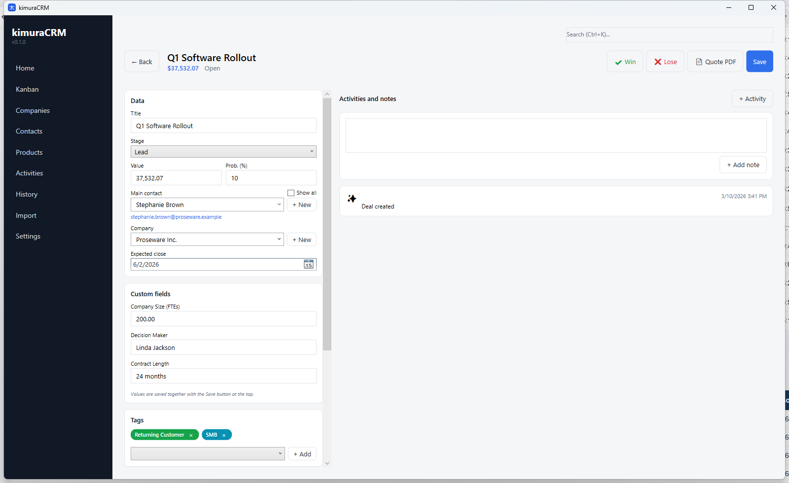 Detalhe de um lead aberto no kimuraCRM com produtos, anexos e atividades