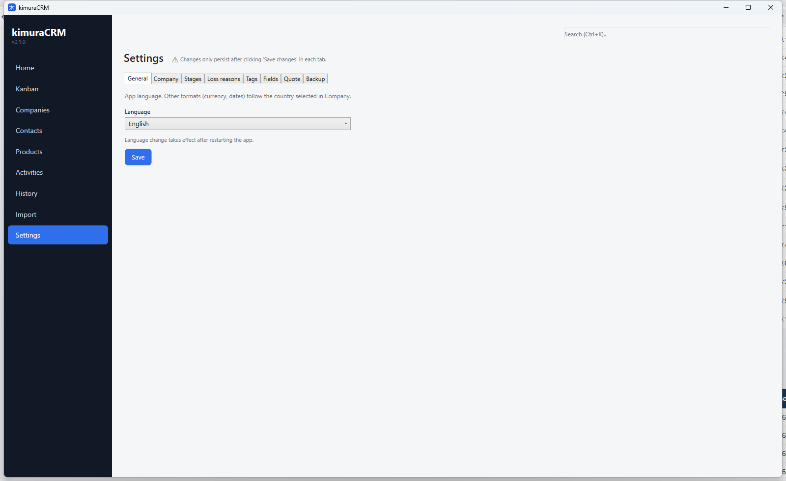 Tela de configurações do CRM